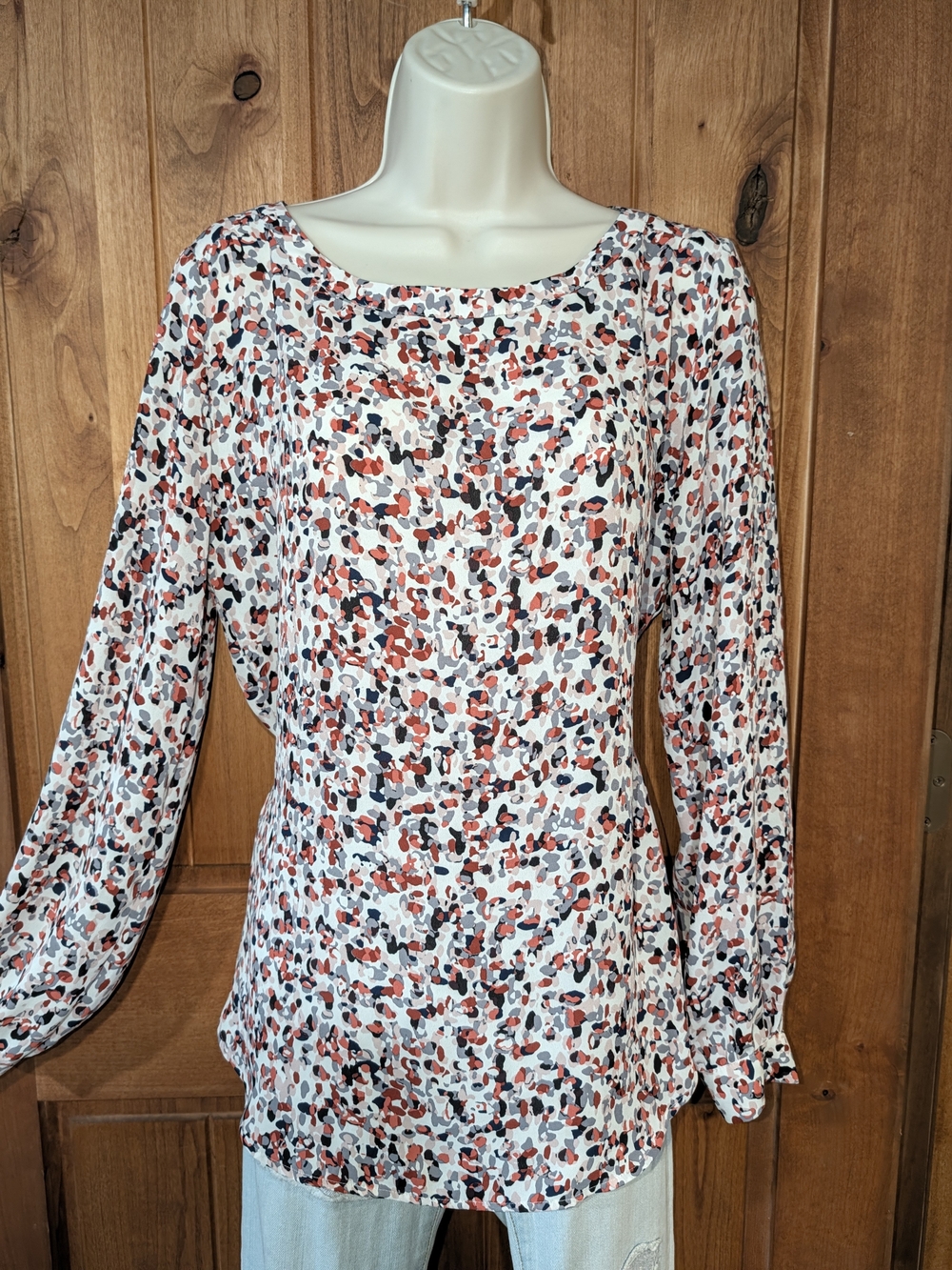 LOFT White Blouse with Red and Navy Spot Print